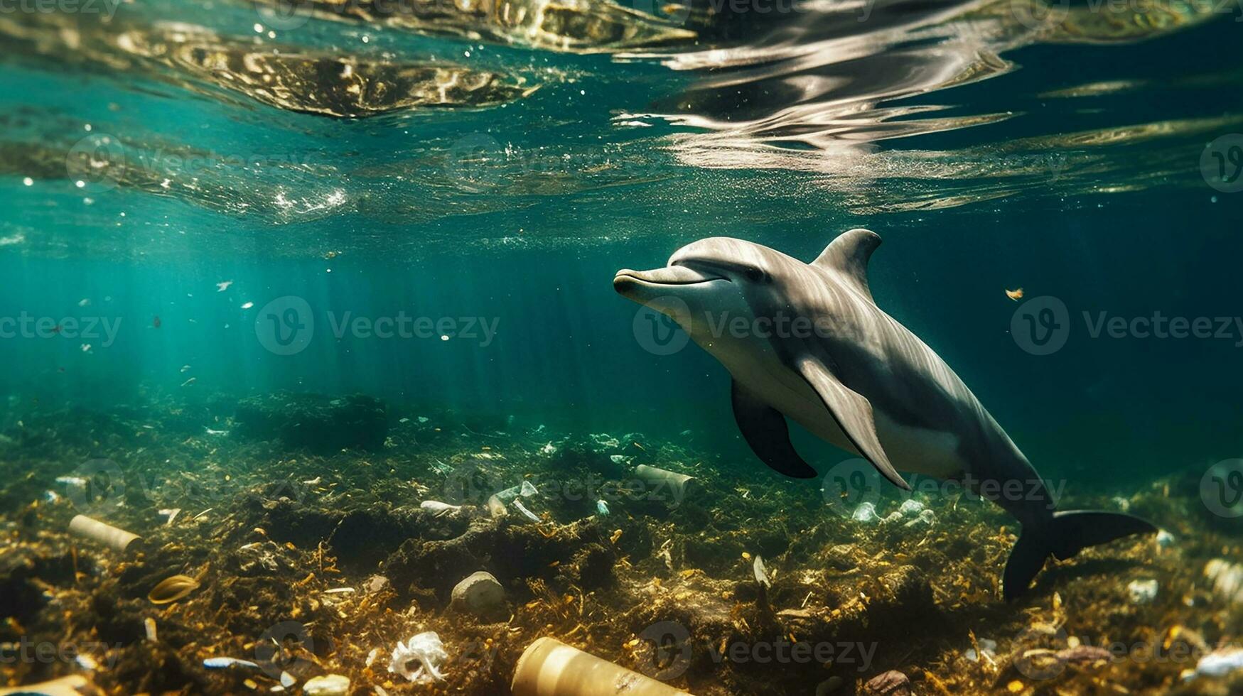 ein Delfin gefangen im ein Plastik Tasche im das Ozean. Umwelt Schutz. generativ ai foto