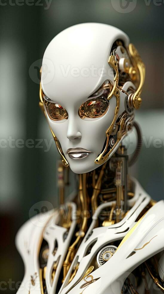 Cyber Frau. weiblich Roboter im ein futuristisch Raum Anzug. ai generativ foto