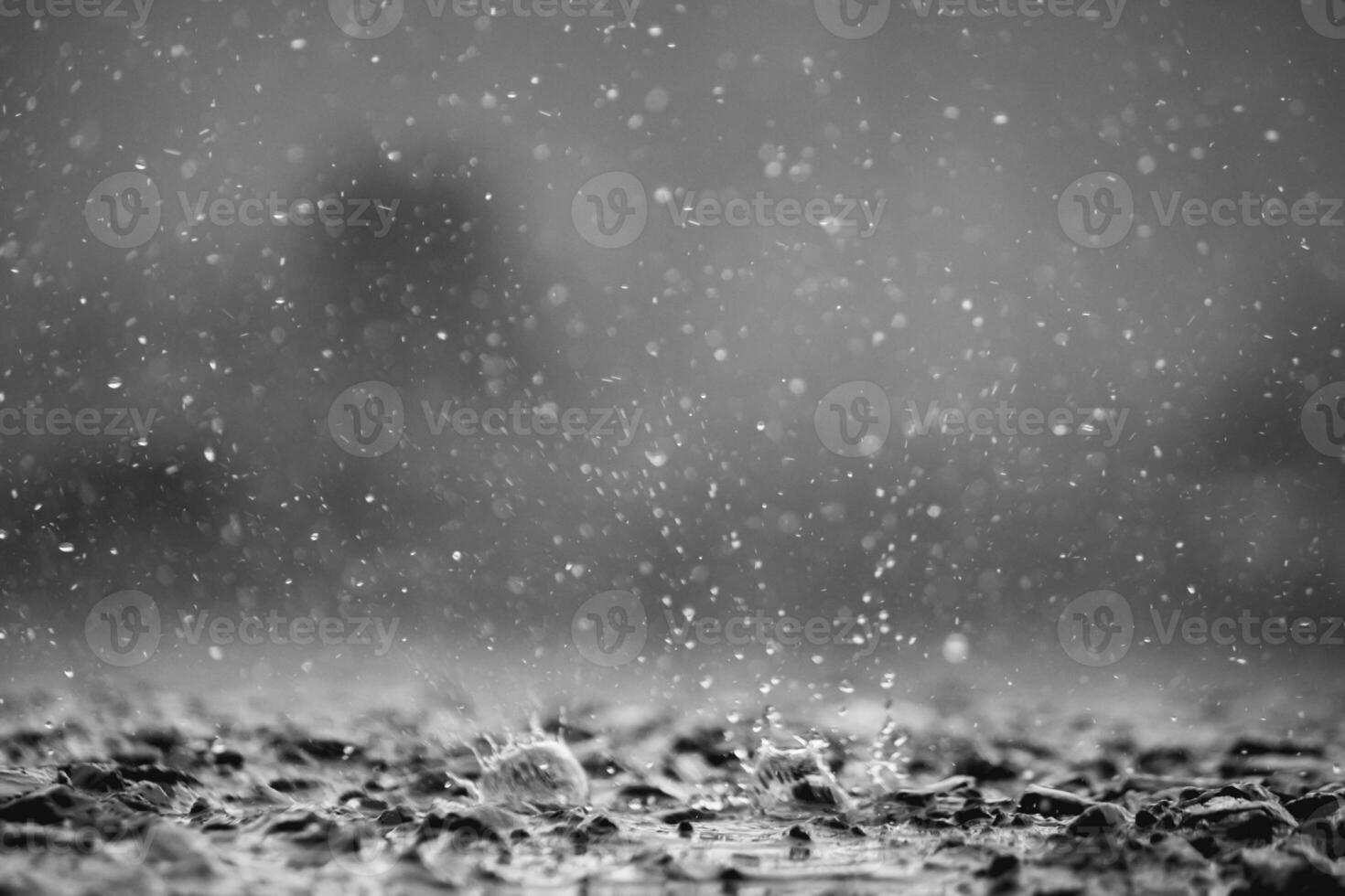 Hintergrund von viele Regen Tropfen fallen auf das Boden fällig zu schwer Regen während das Regen Jahreszeit verursachen Wasser planschen von ein groß Nummer von Grundstücke auf ein verschwommen Hintergrund von dunkel sprühen. foto