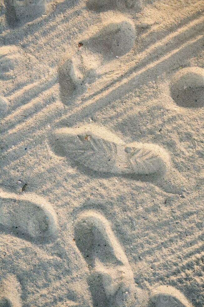 das Hintergrund von ein sandig Strand mit Fußspuren. Sand Strand Hintergrund foto