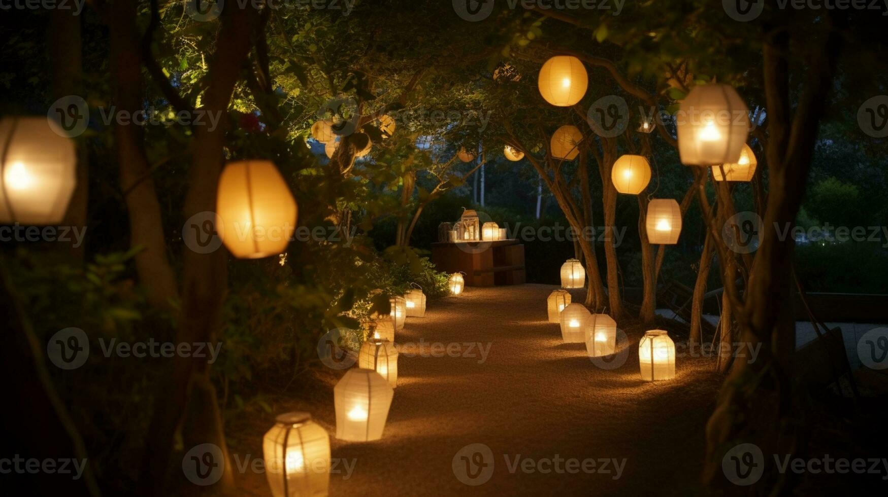 das Schönheit von Natur ist beleuchtet durch glühend Laternen im ein romantisch draussen Rahmen ai generiert foto