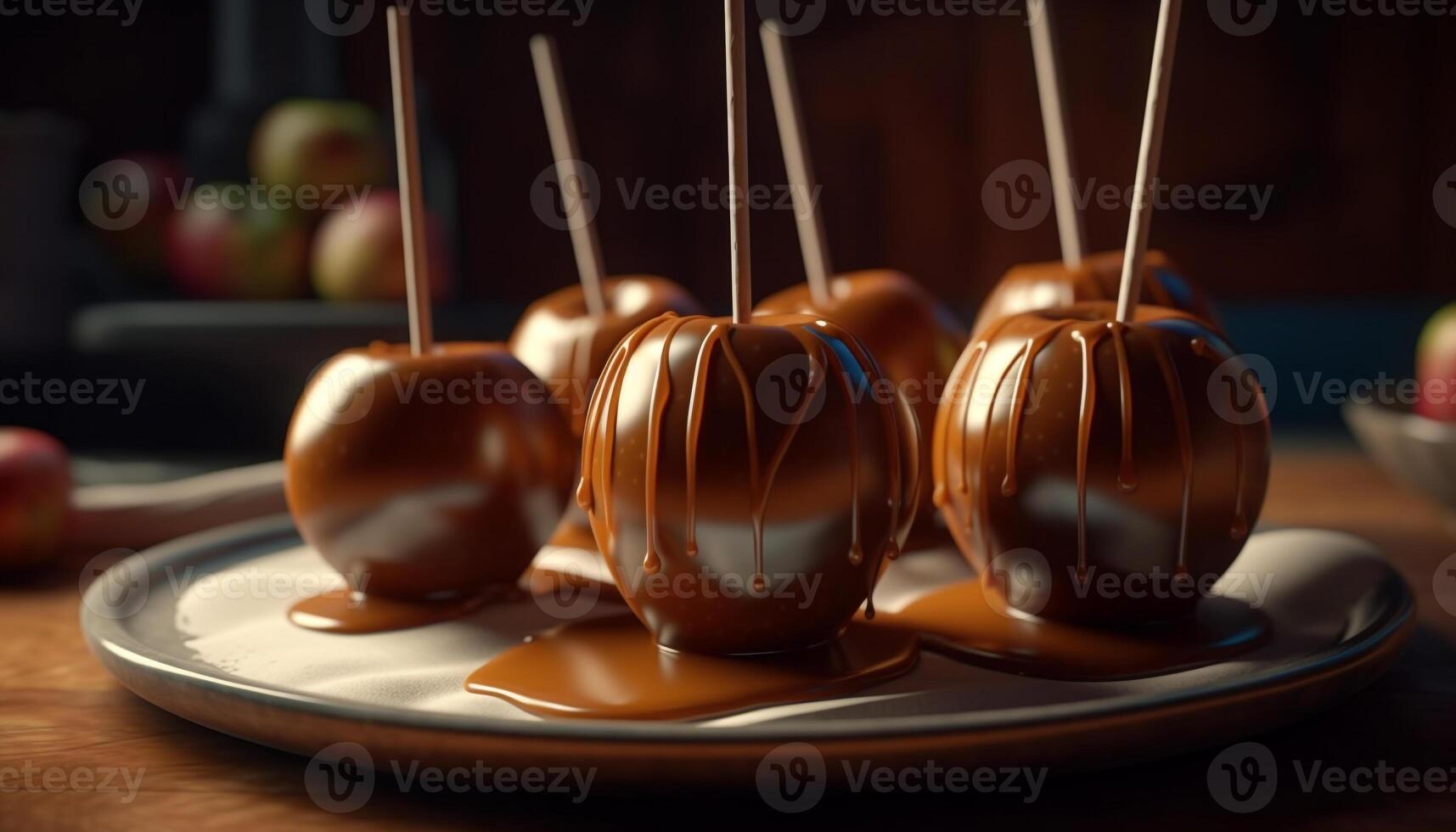 ein Teller von Gourmet Schokolade eingetaucht Obst auf ein hölzern Tabelle generiert durch ai foto