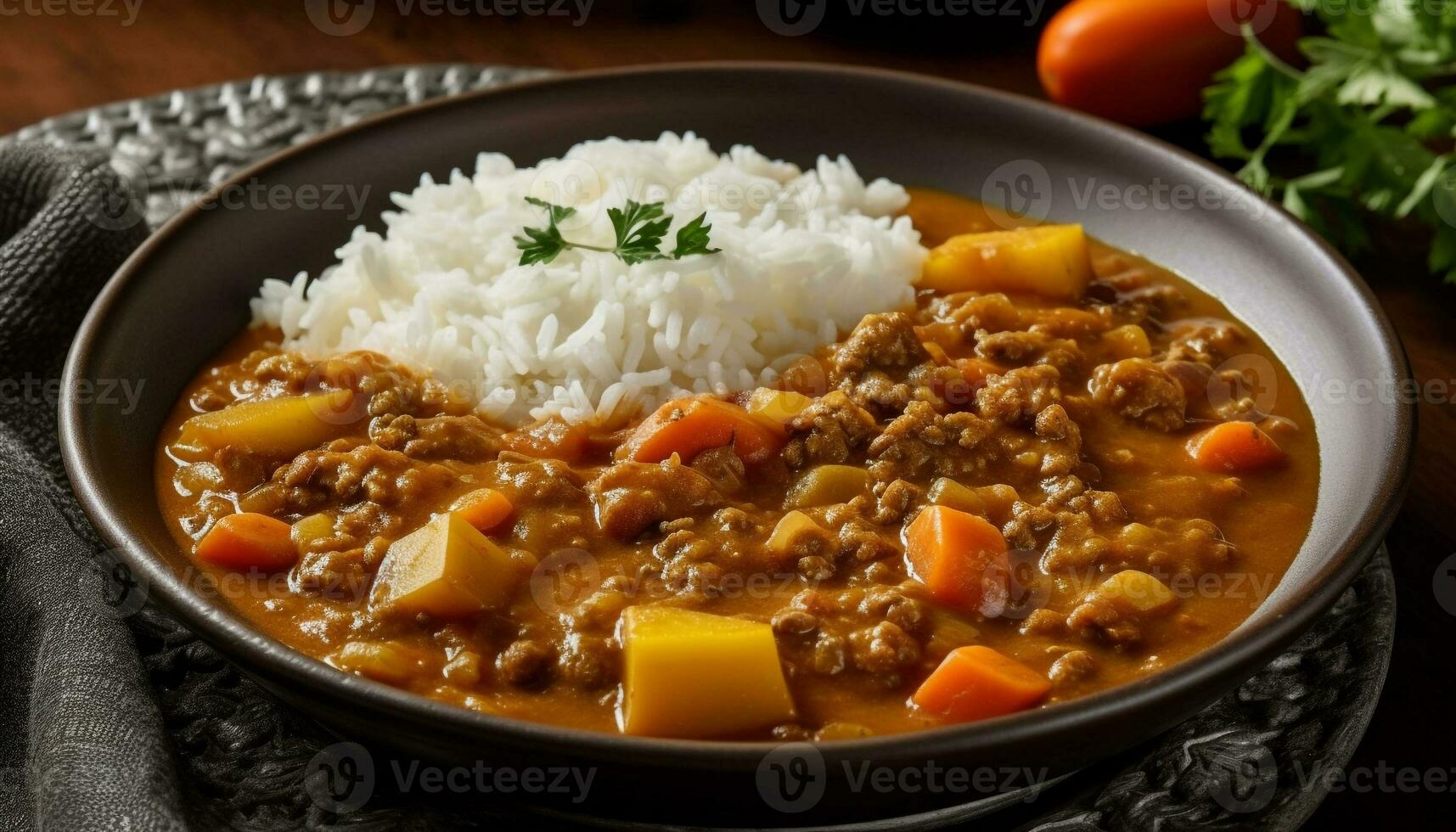 ein gesund Gourmet Mahlzeit mit gekocht Gemüse, Fleisch, und Reis generiert durch ai foto