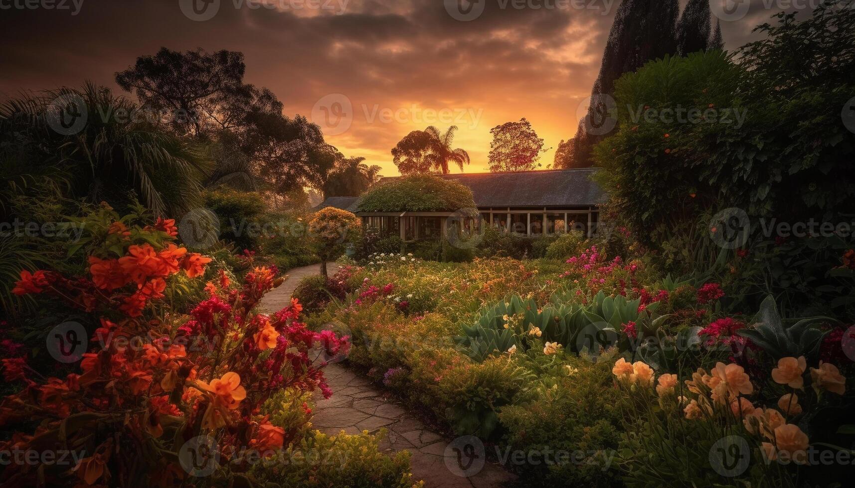 still Szene Sonnenuntergang Farben Natur Schönheit, Blumen blühen im Wiesen generiert durch ai foto