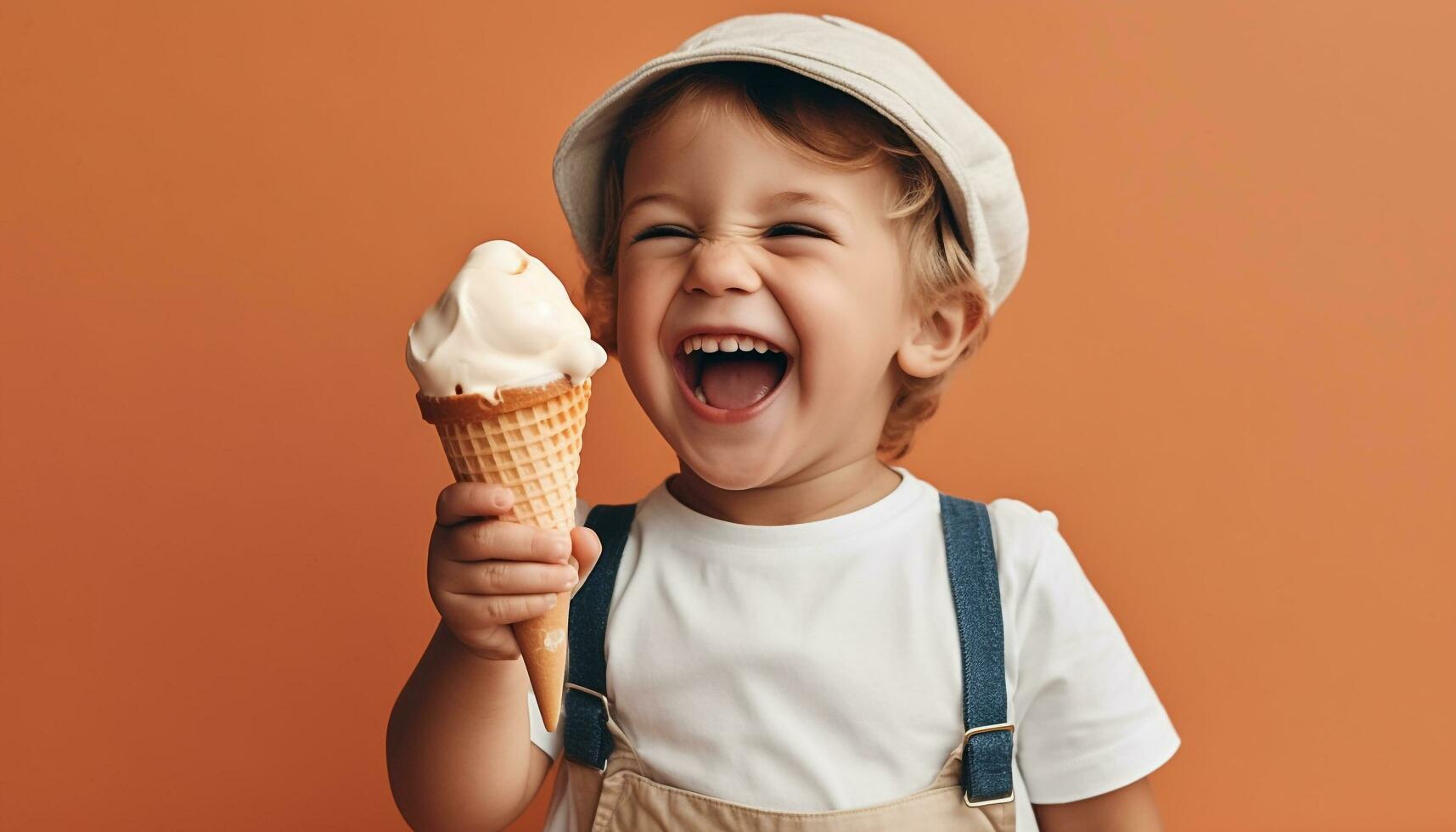 süß kaukasisch Junge genießen Eis Creme, lächelnd mit Freude und Unschuld generiert durch ai foto