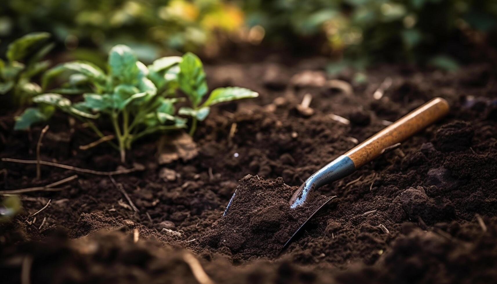 frisch Grün Blätter wachsen im das Schmutz von ein Gemüse Garten generiert durch ai foto