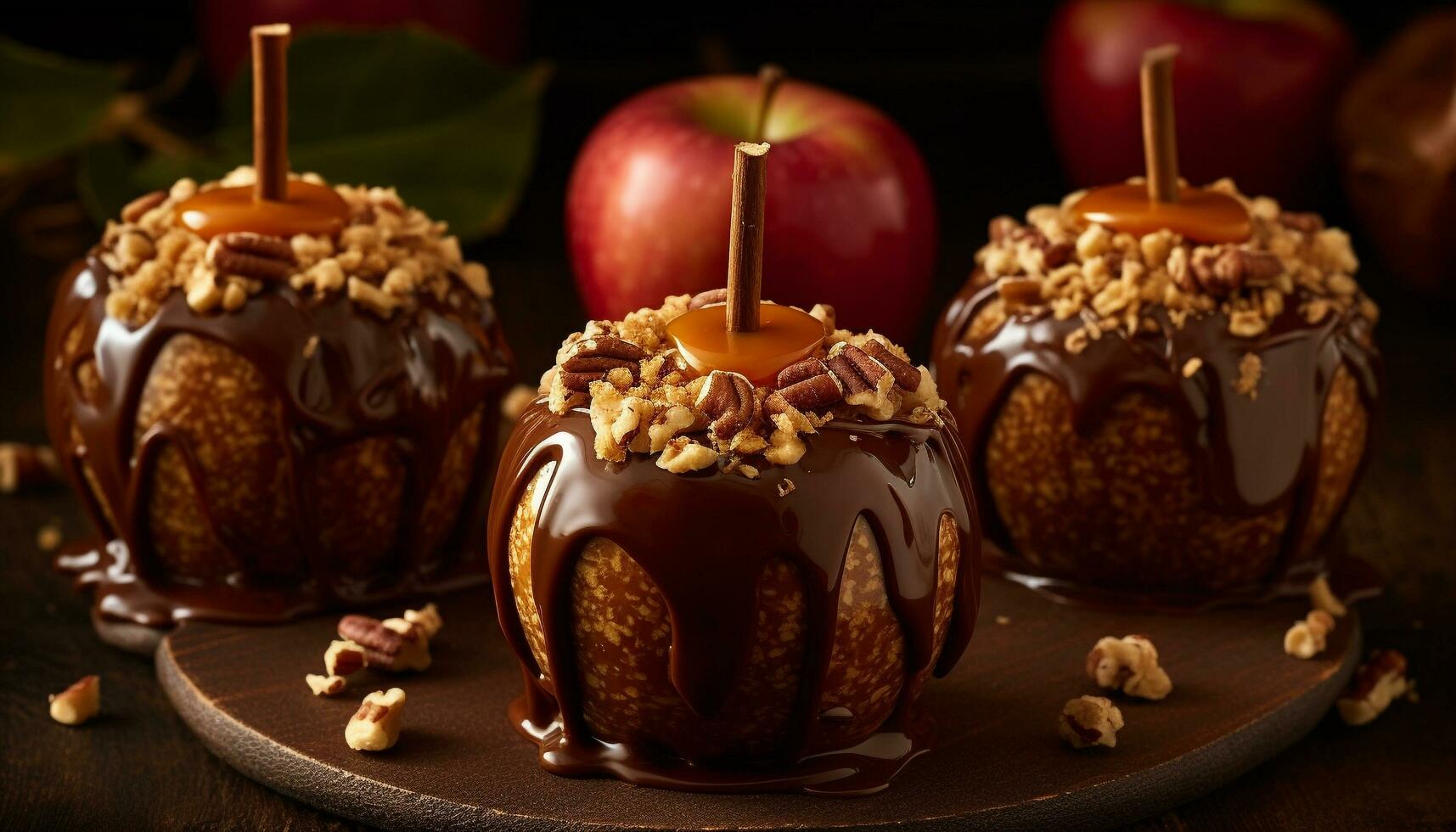 hausgemacht Schokolade eingetaucht Apfel mit Karamell, Pekannuss, und dunkel Schokolade generiert durch ai foto