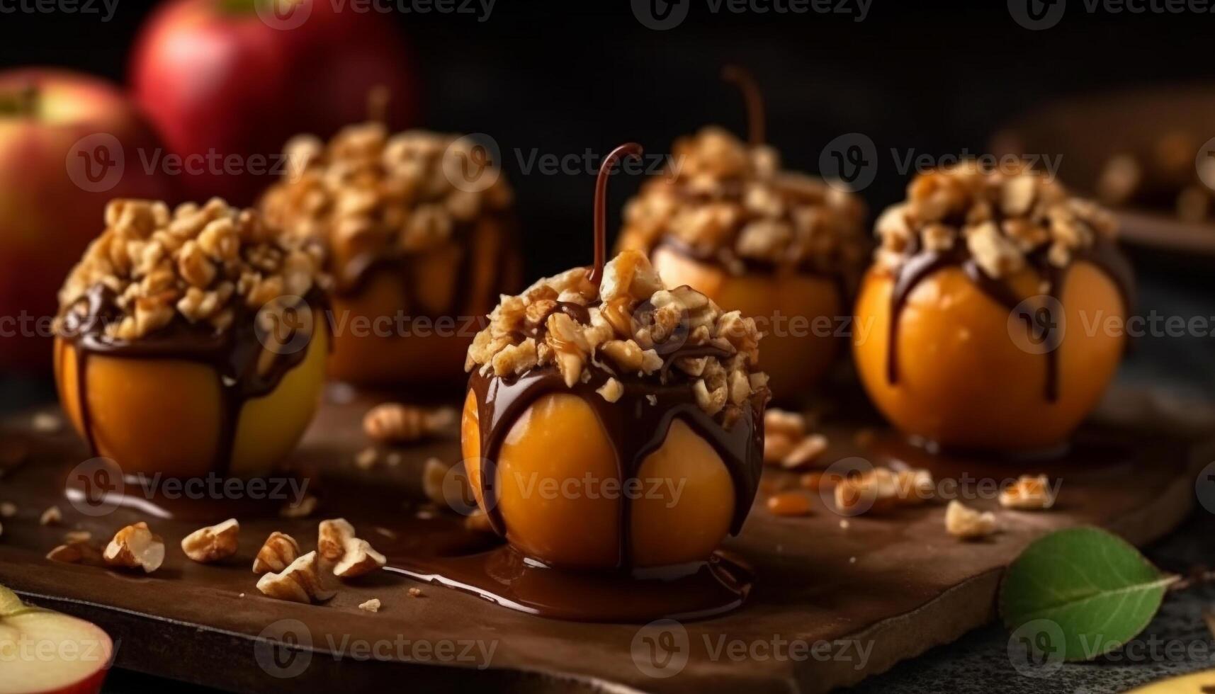 nachsichtig Gourmet Dessert dunkel Schokolade Karamell Apfel mit Mandel Scheibe generiert durch ai foto