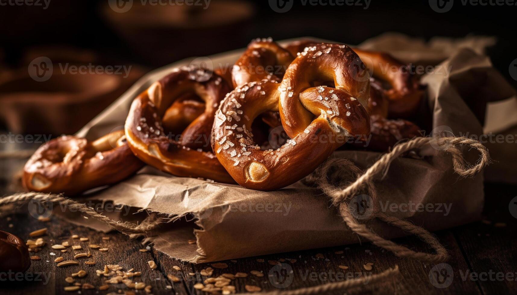 rustikal brot, frisch Brezel, knackig Snack, Gourmet Mahlzeit, gebacken Schweinefleisch generiert durch ai foto