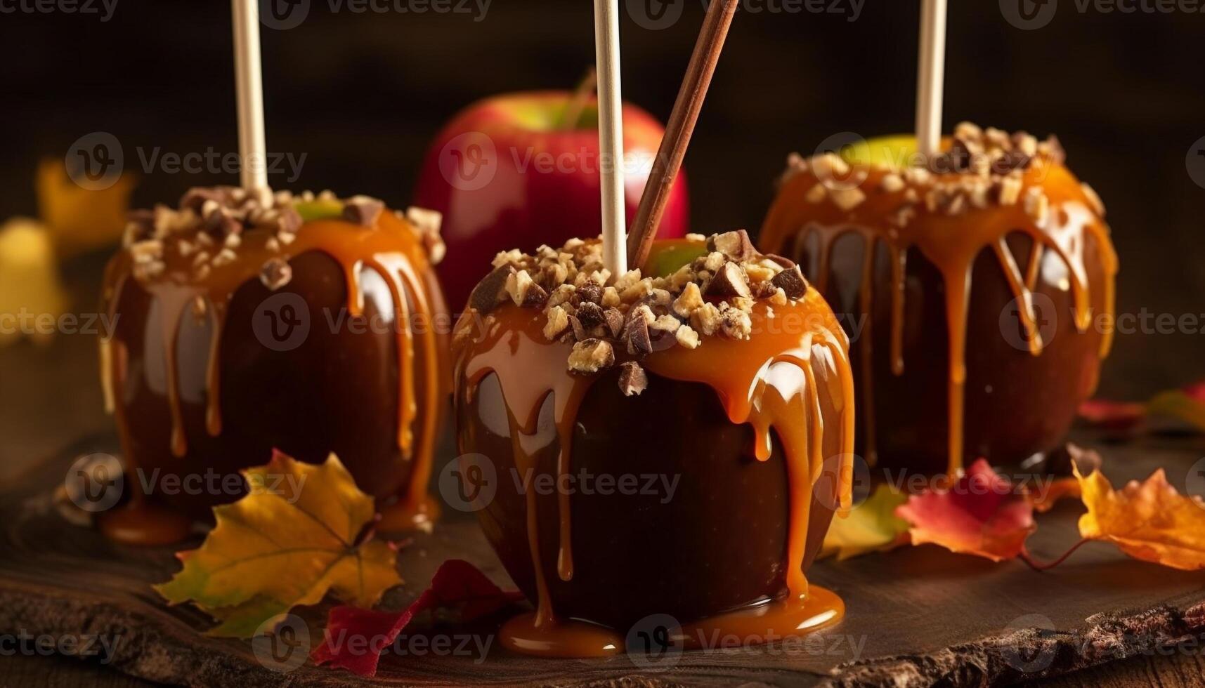 nachsichtig Schokolade Nachtisch, Herbst Frucht, Halloween Süssigkeit, karamellisiert Kürbis Snack generiert durch ai foto