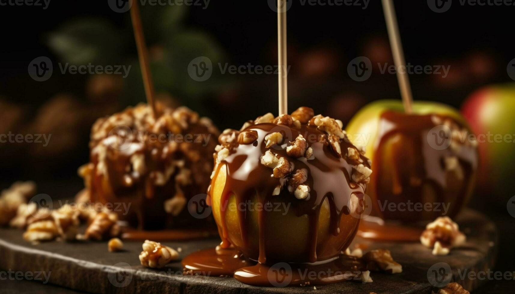 nachsichtig Dessert hausgemacht dunkel Schokolade Fudge mit Karamell und Nüsse generiert durch ai foto