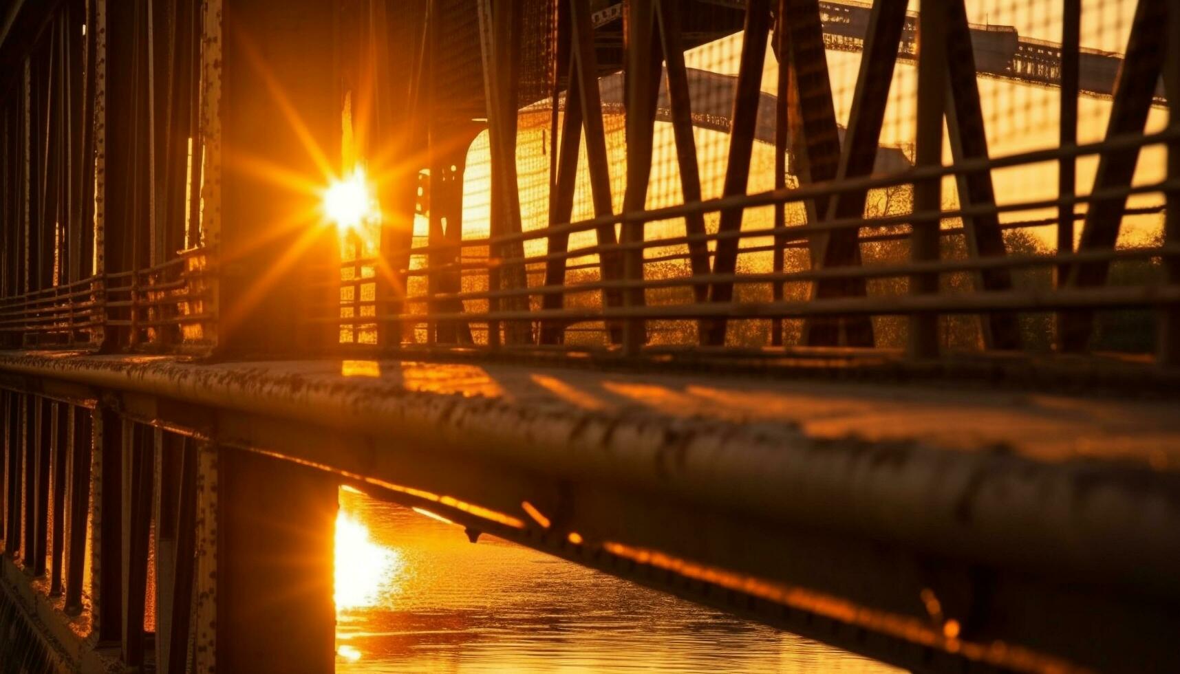 Sonnenuntergang Über Wasser, reflektieren das Mann gemacht Brücke, ein still Szene generiert durch ai foto