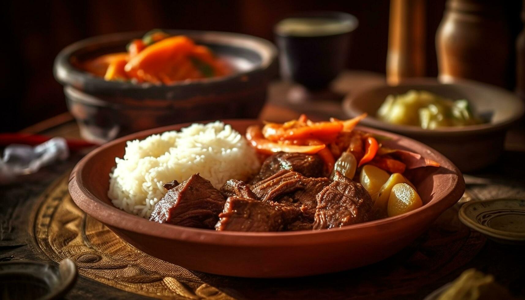gegrillt Rindfleisch Steak mit Reis, Gemüse, und Bohnenkraut Soße generiert durch ai foto
