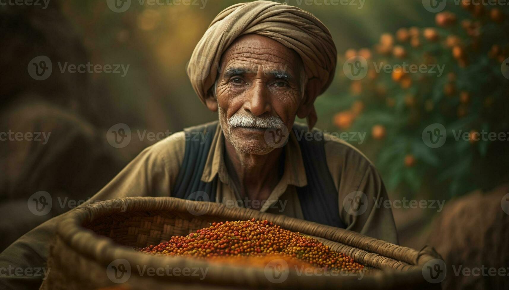 ein Senior Farmer im traditionell Kleidung pflücken reif Obst draußen generiert durch ai foto