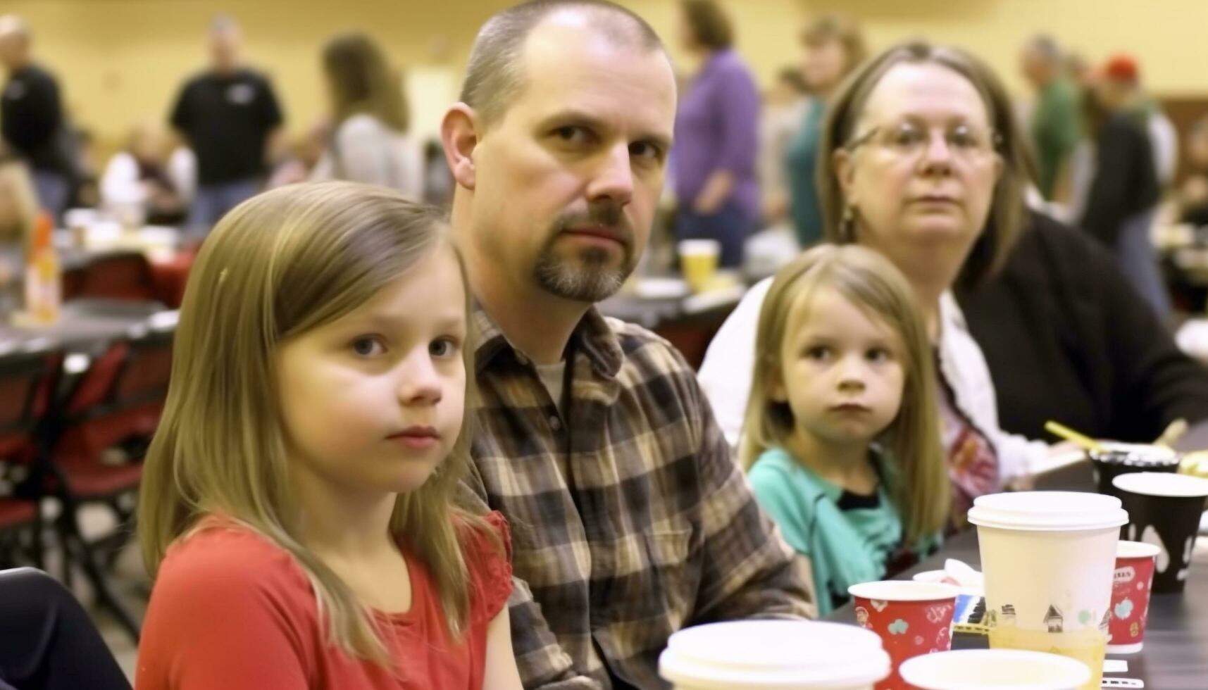 ein heiter Familie genießen ein Mahlzeit draußen, lächelnd und glücklich generiert durch ai foto