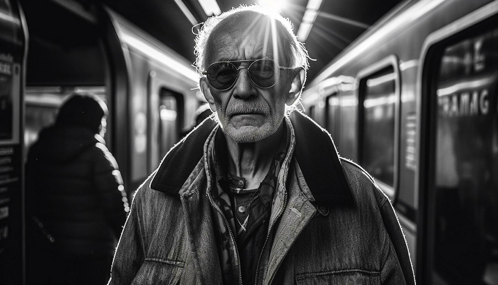 ein bärtig Mann Reisen auf das U-Bahn, umgeben durch Pendler generiert durch ai foto