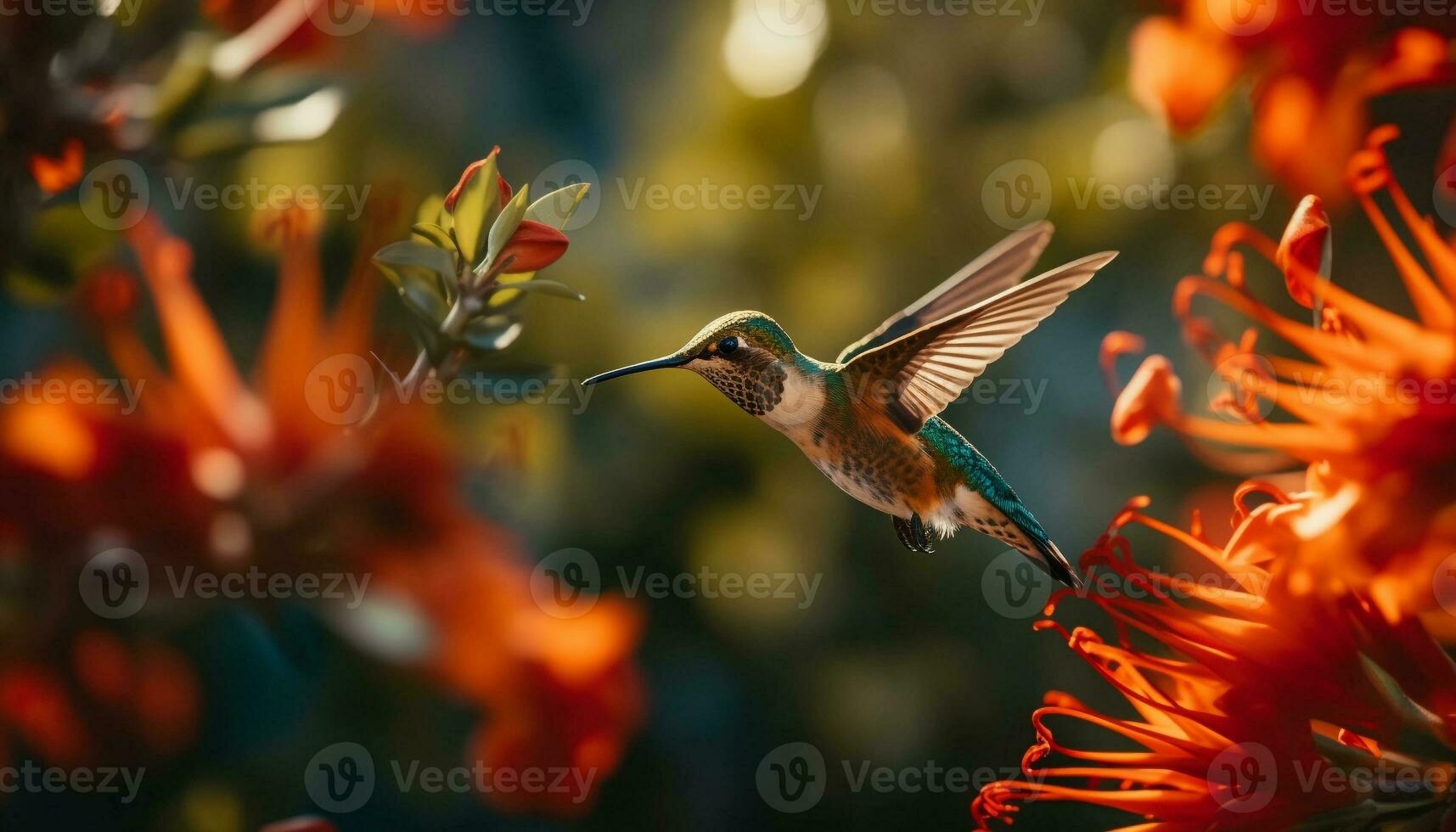 Kolibri schwebt, bestäubend Blume, präsentieren beschwingt Farben im Natur generiert durch ai foto