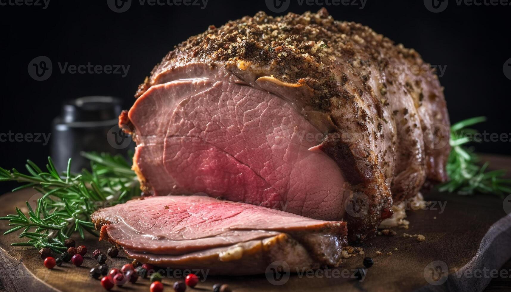 frisch gegrillt Schweinefleisch Steak, gewürzt mit Kräuter, bereit zu Essen auf hölzern Teller generiert durch ai foto