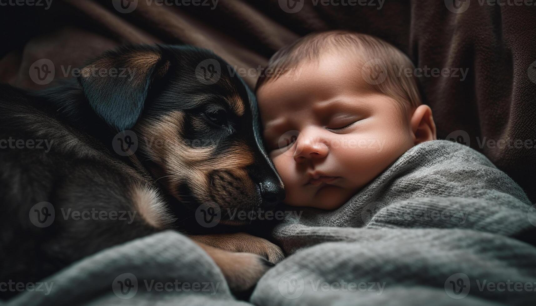 süß klein Hund Schlafen, Umarmen Baby, reinrassig Hündchen bringt Glück generiert durch ai foto