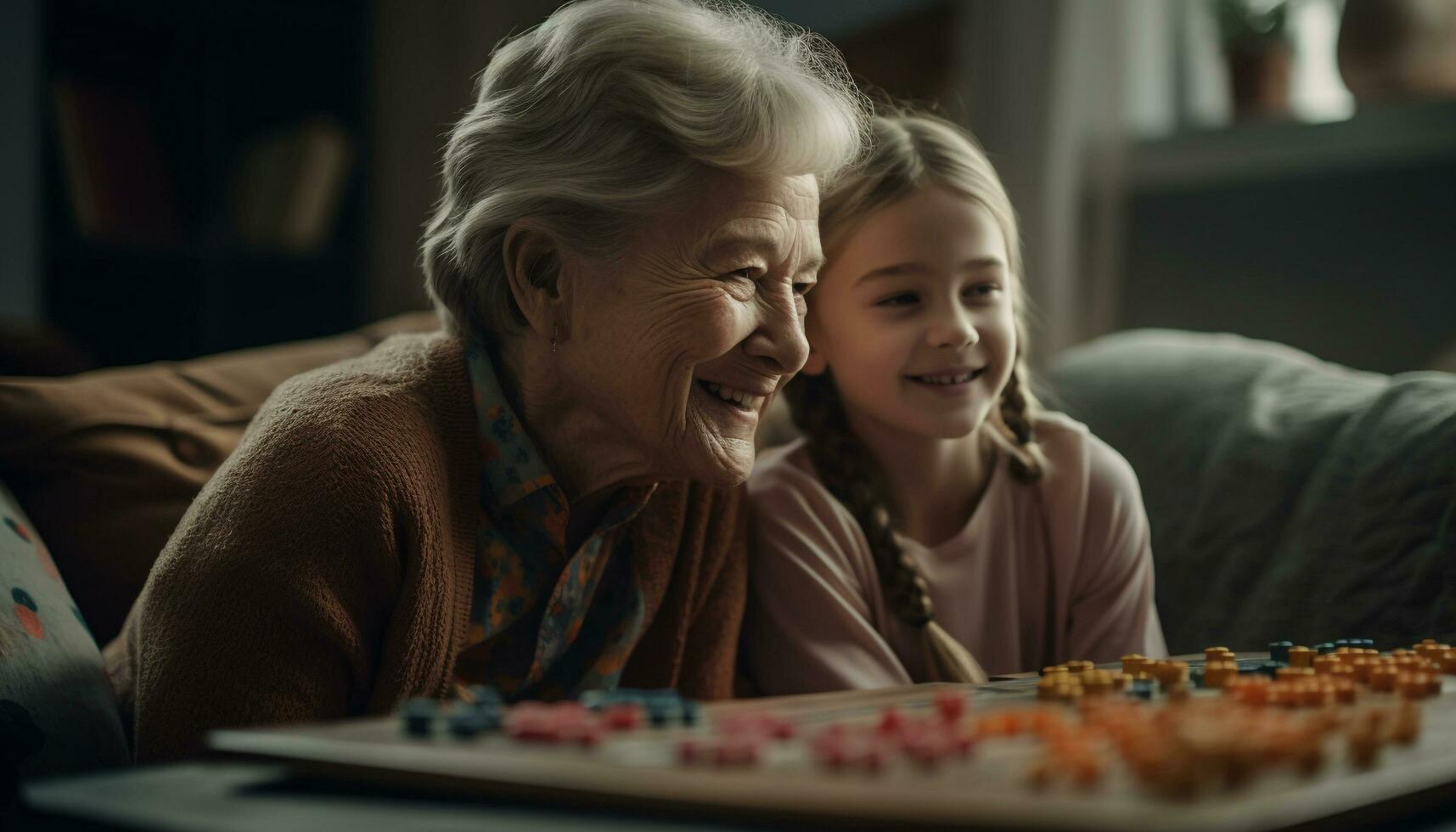 lächelnd Senior Erwachsene Verbindung mit Familie, genießen inländisch Leben zusammen generiert durch ai foto