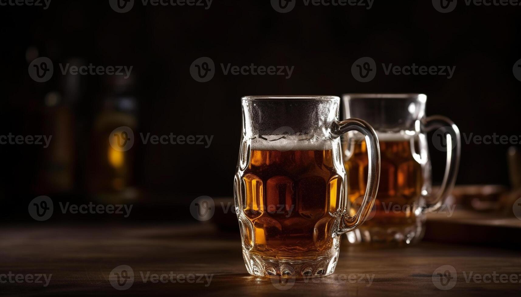 Alkohol trinken auf Tabelle im Kneipe, schaumig Glas, frisch golden brauen generiert durch ai foto