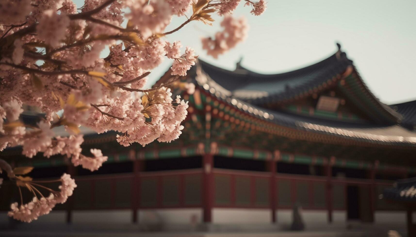 uralt Pagode, Kirsche Blüten, und Stadtbild Vitrine Seoul Reich Geschichte generiert durch ai foto