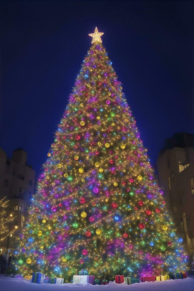 ein groß hoch Weihnachten Baum und viele Geschenk Kisten im ein schneebedeckt Innenstadt im das Nacht, ai generiert foto