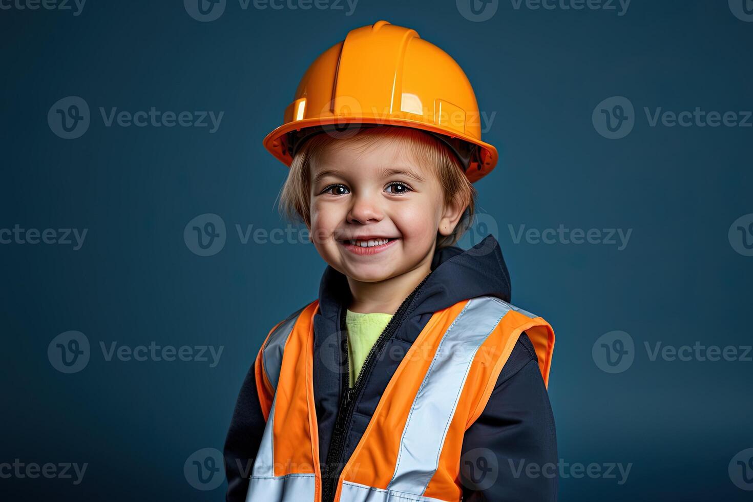 Porträt von ein süß wenig Junge im ein Konstruktion Helm ai generiert foto