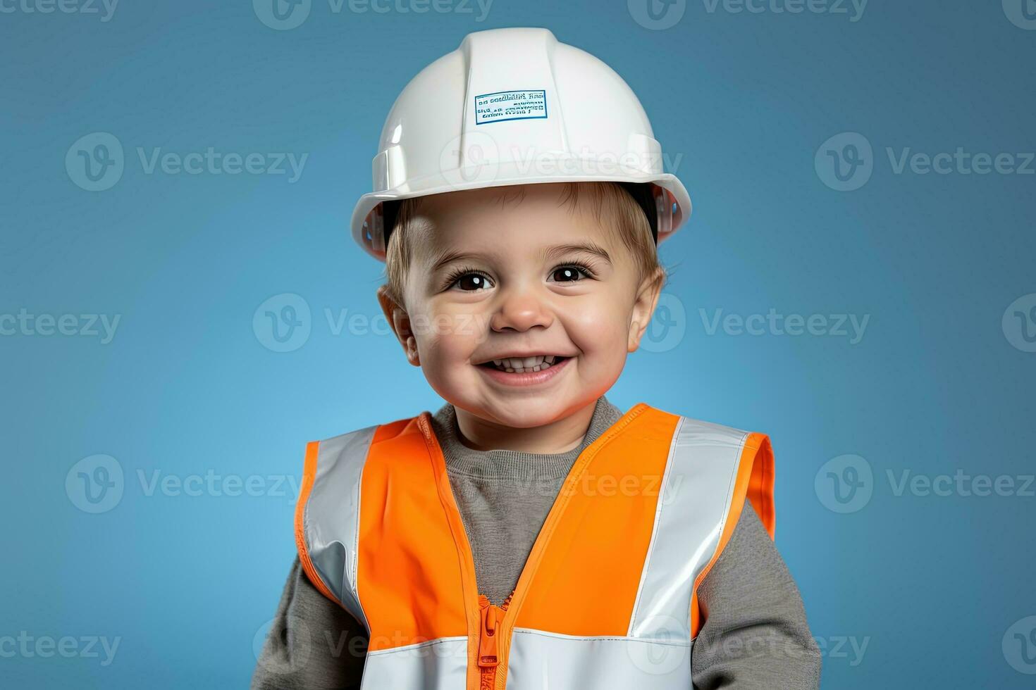 Porträt von ein süß wenig Junge im ein Konstruktion Helm ai generiert foto