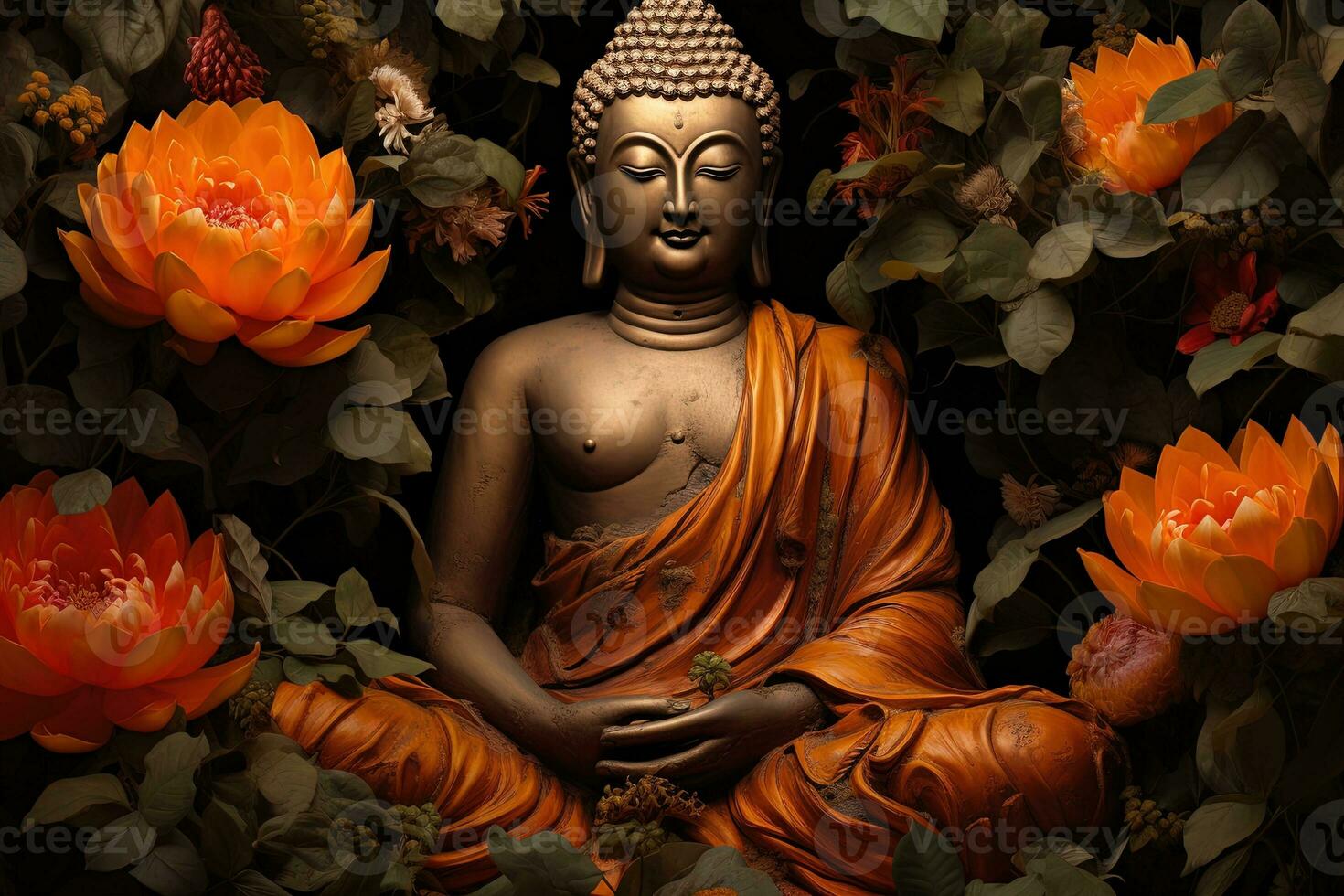 Buddha Statue umgeben durch Orange Blumen auf ein schwarz Hintergrund ai generiert foto