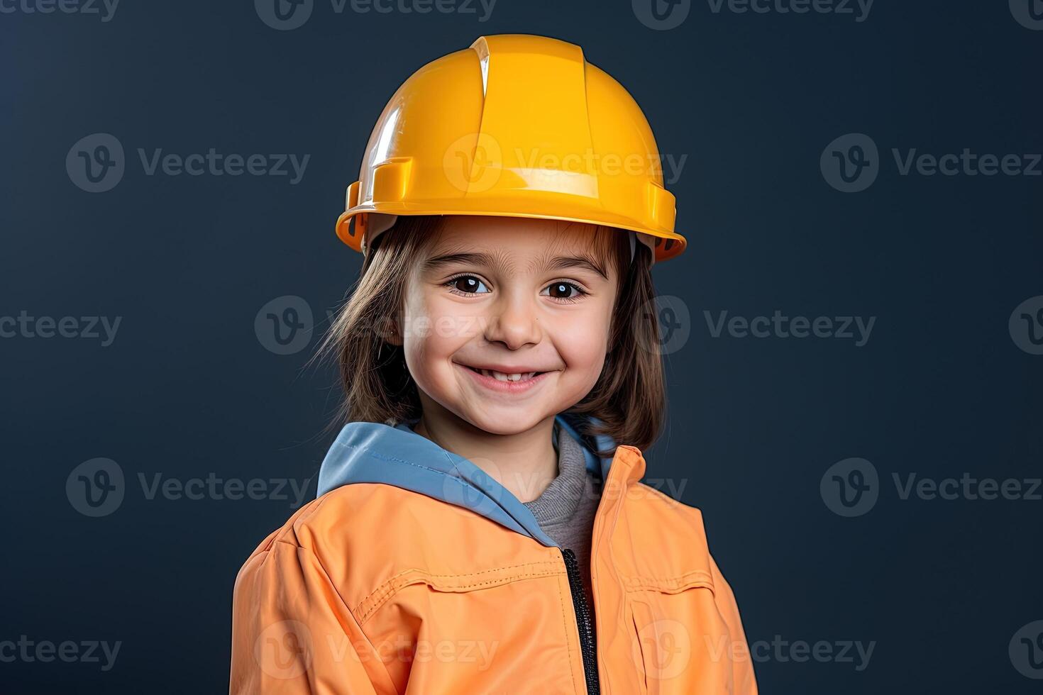 Porträt von ein lächelnd wenig Mädchen im ein Konstruktion Helm ai generiert foto