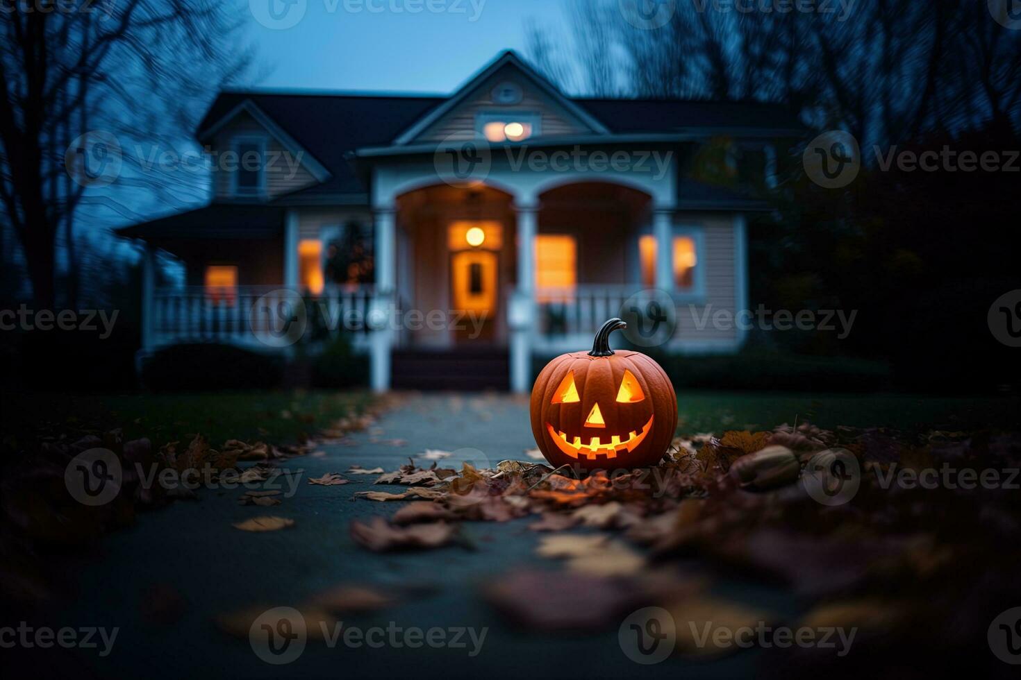 Halloween Kürbisse im Vorderseite von ein Haus beim Nacht, Halloween Hintergrund ai generiert foto