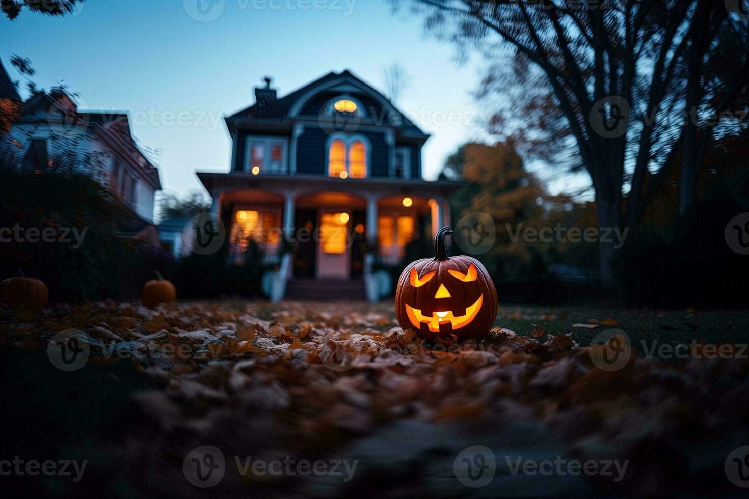 Halloween Kürbisse im Vorderseite von ein Haus beim Nacht, Halloween Hintergrund ai generiert foto