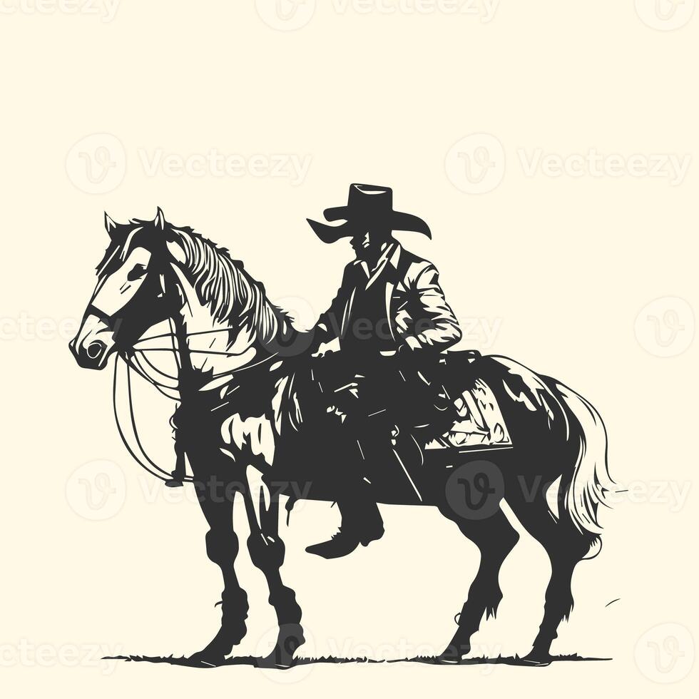 Rodeo Western Cowboy Jahrgang Hand gezeichnet Kunstwerk. Tier, Arizona, Kunst, Beige, Schwarz, schwarz und Weiss, Cowboy, Pferd, Illustration, Landschaft foto