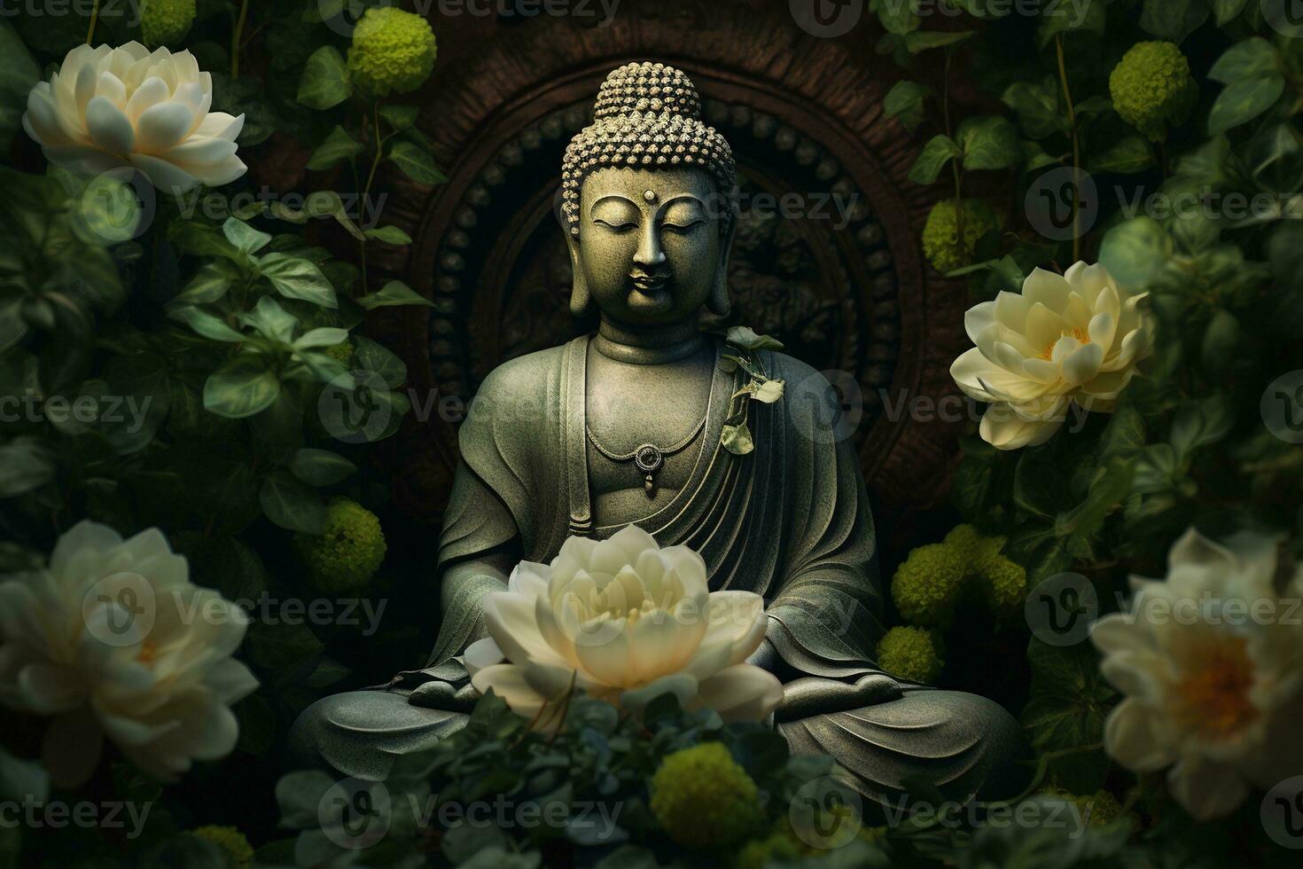 Buddha Statue mit Lotus Blume und Grün Blätter Hintergrund ai generiert foto