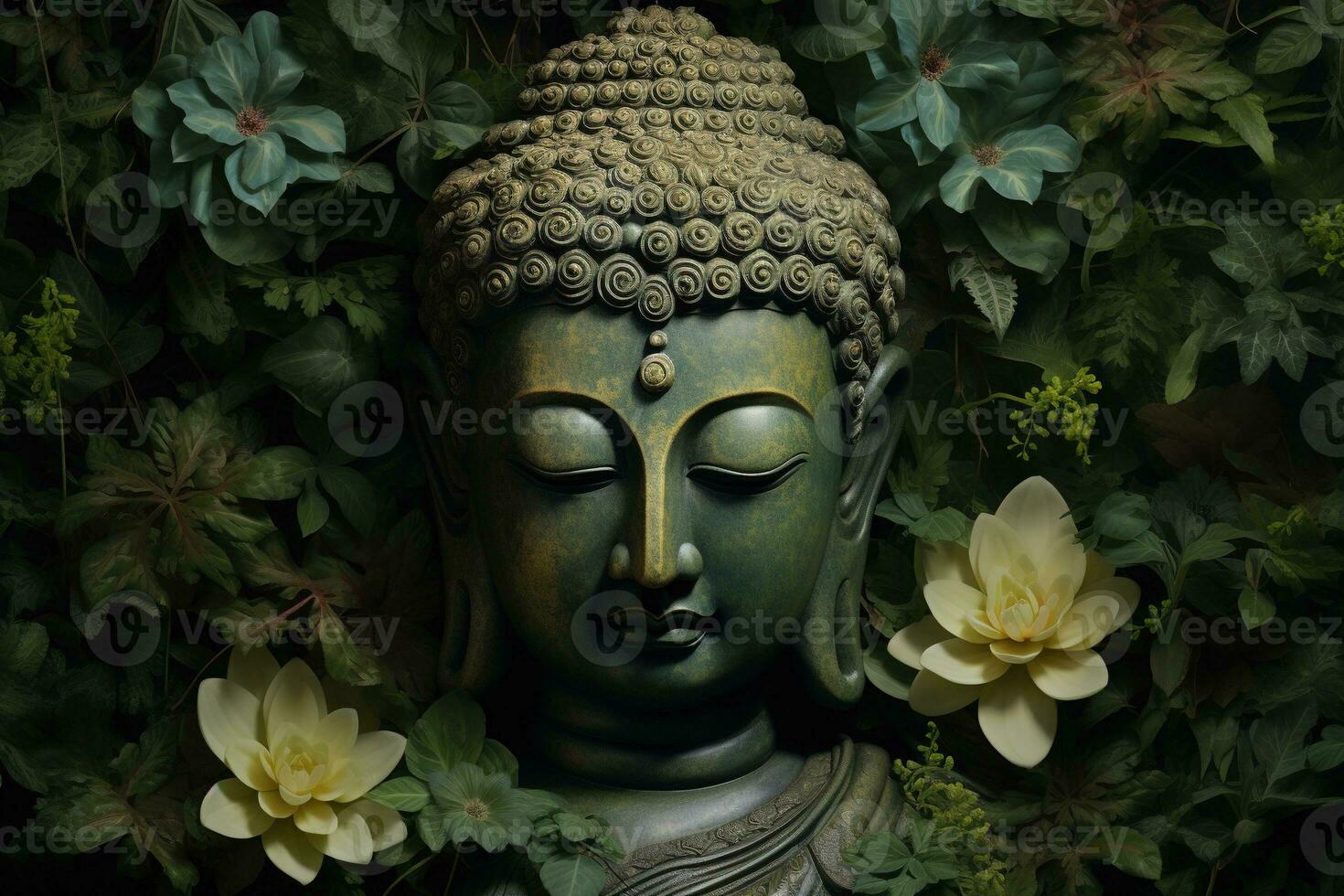 Buddha Statue mit Lotus Blume und Grün Blätter Hintergrund ai generiert foto