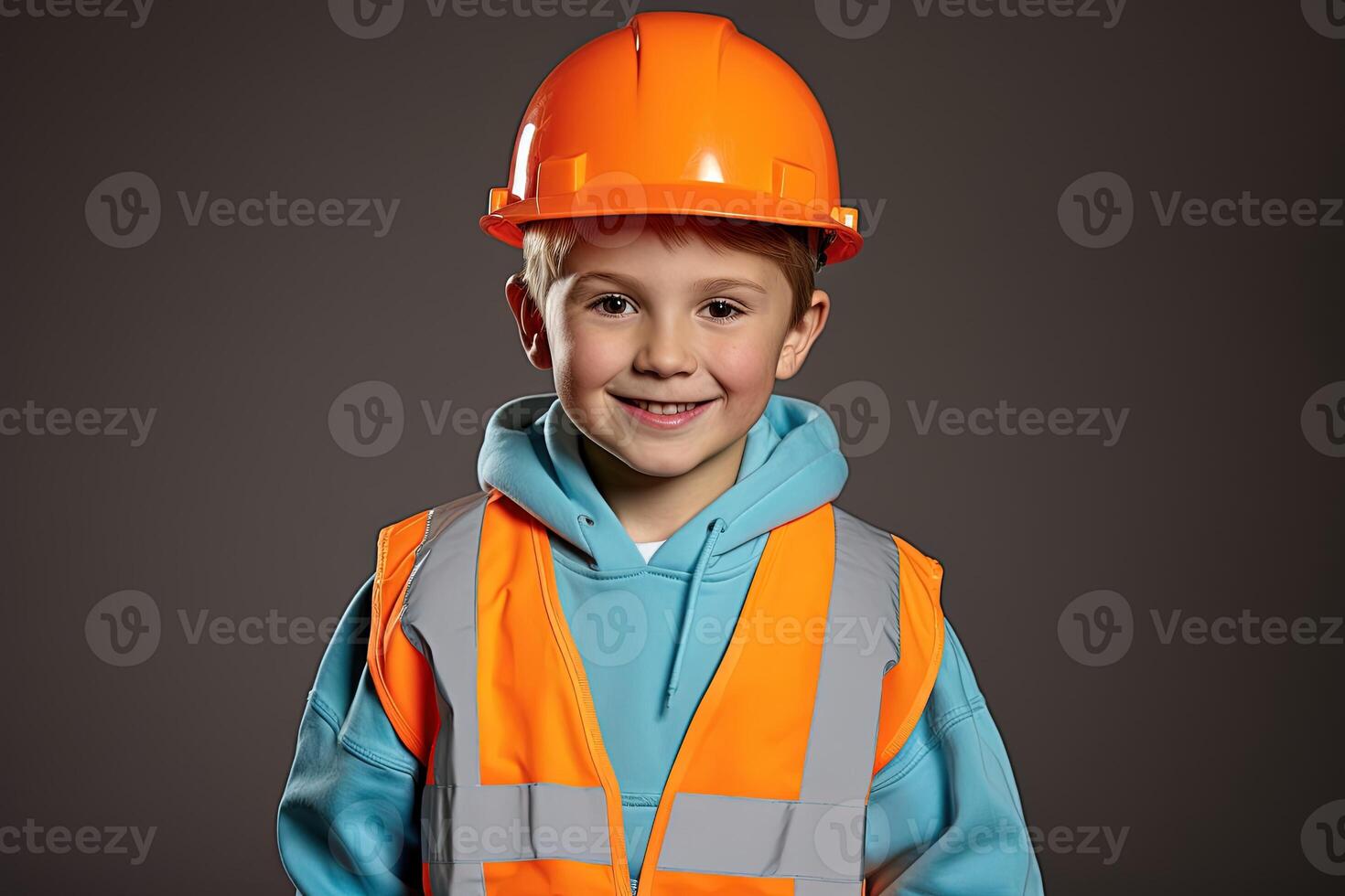 Porträt von ein süß wenig Junge im ein Konstruktion Helm ai generiert foto