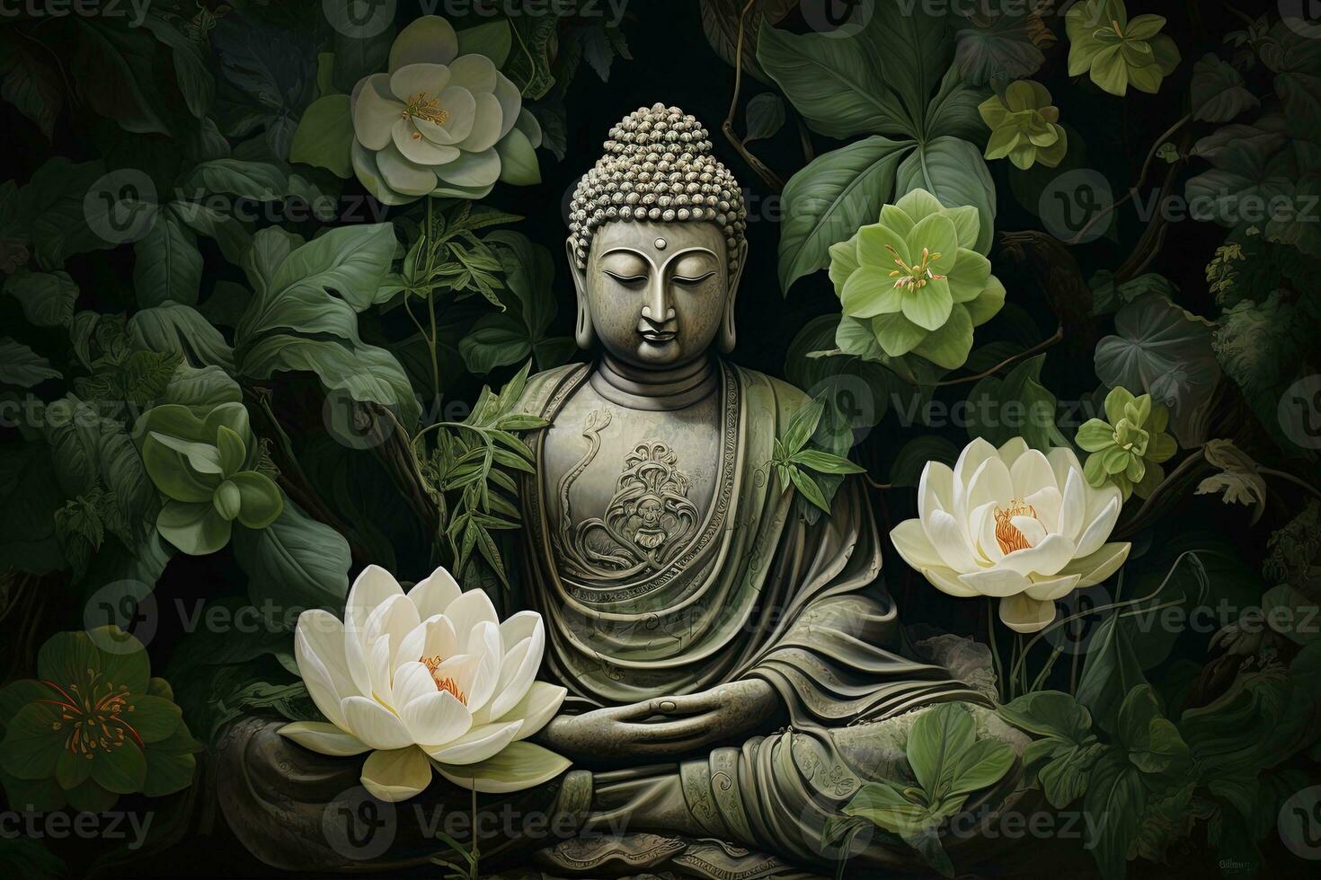 Buddha Statue mit Lotus Blume und Grün Blätter Hintergrund ai generiert foto