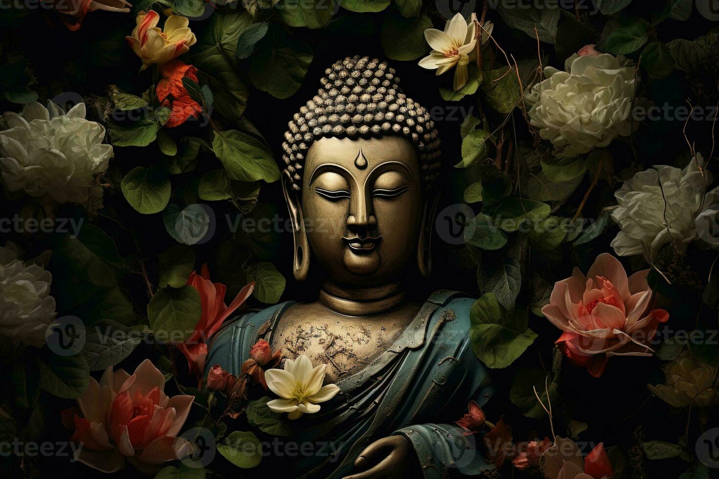 Buddha Statue mit Lotus Blume und Grün Blätter Hintergrund ai generiert foto