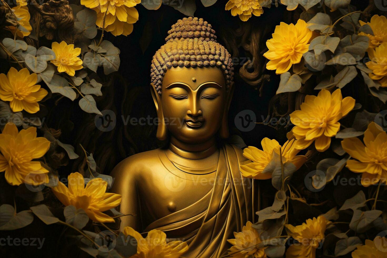 ein golden Buddha Statue umgeben durch Blumen ai generiert foto