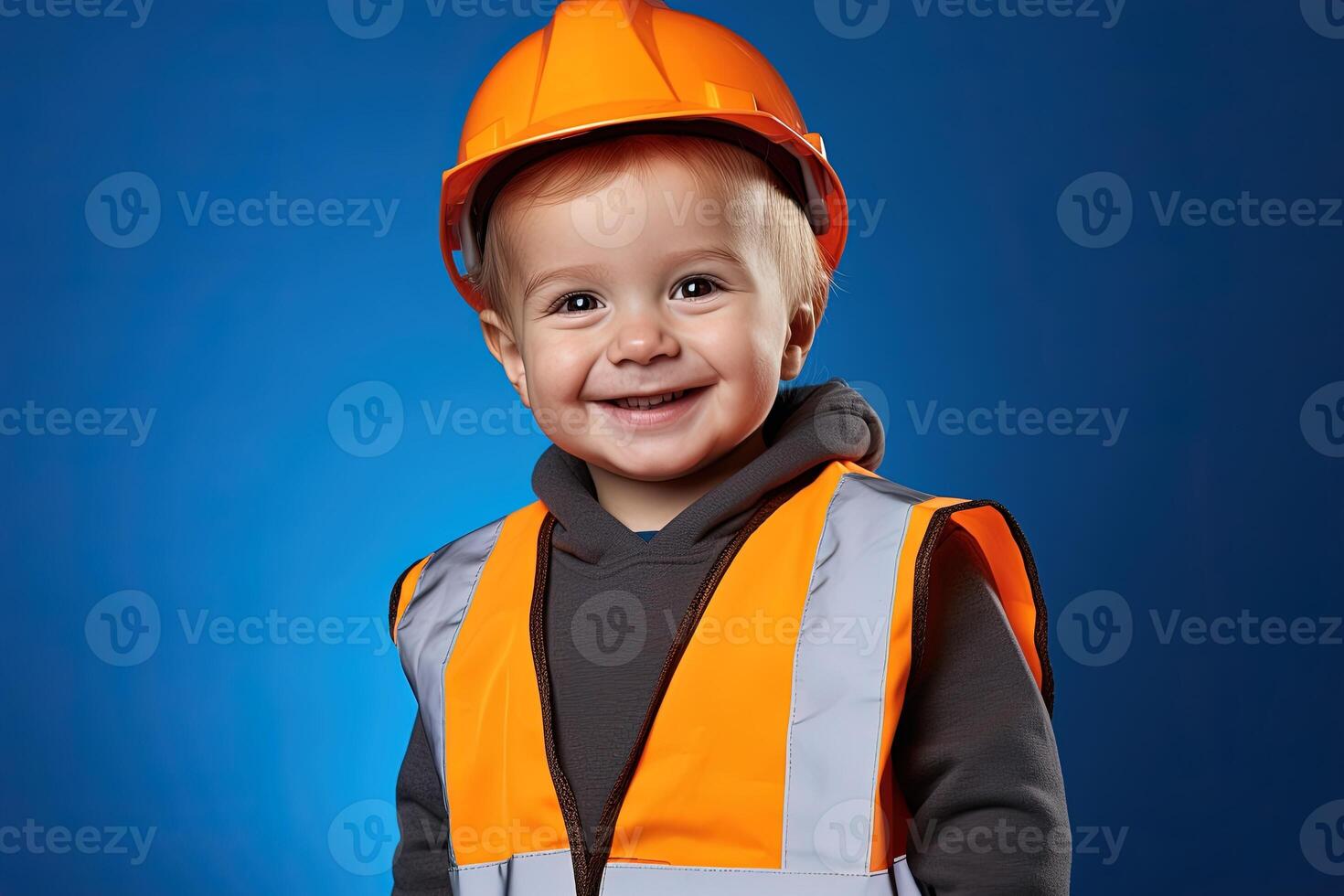 Porträt von ein süß wenig Junge im ein Konstruktion Helm ai generiert foto