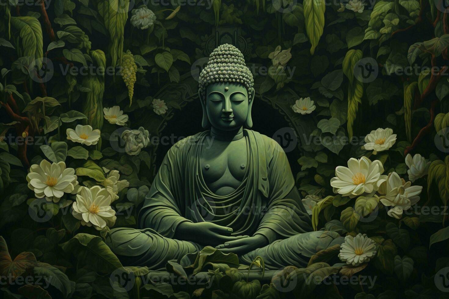 Buddha Statue mit Lotus Blume und Grün Blätter Hintergrund ai generiert foto