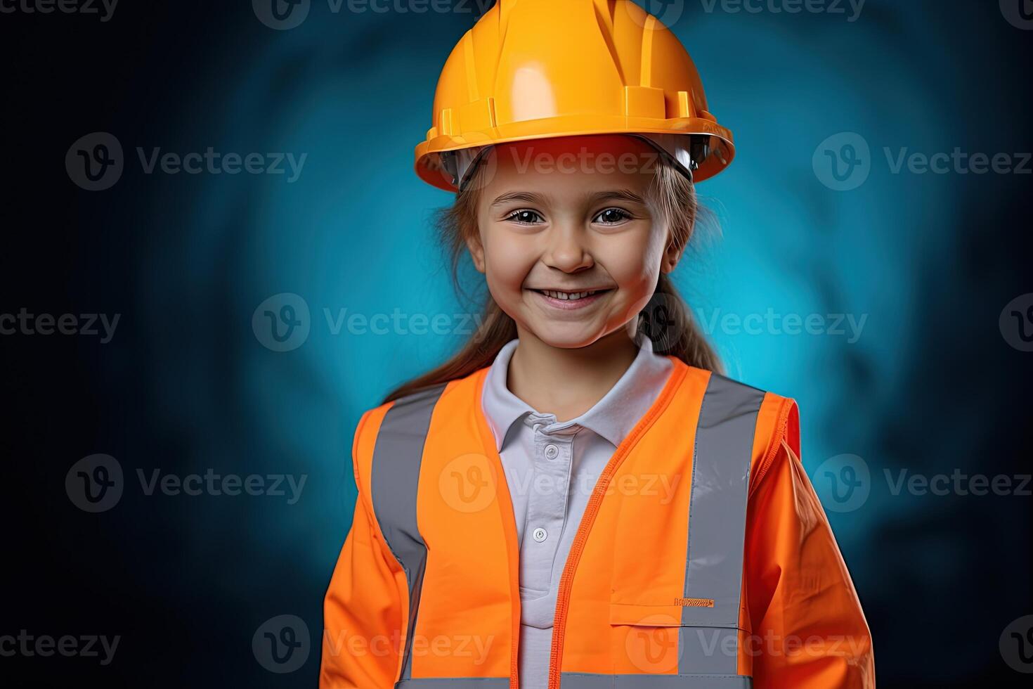 Porträt von ein lächelnd wenig Mädchen im ein Konstruktion Helm ai generiert foto