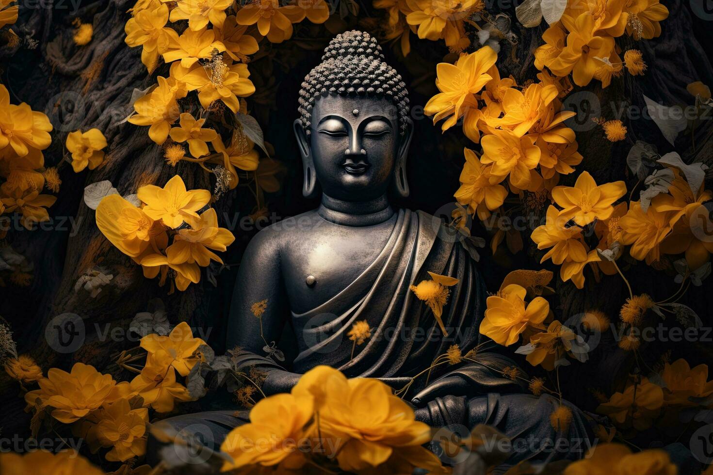 Buddha Statue umgeben durch Gelb Blumen ai generiert foto