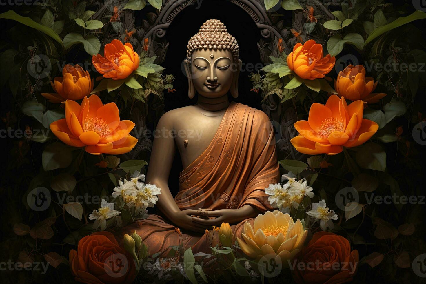 Buddha Statue umgeben durch Orange Blumen auf ein schwarz Hintergrund ai generiert foto