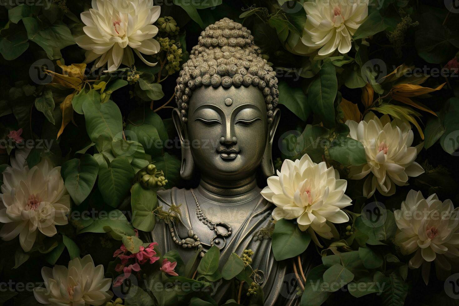 Buddha Statue mit Lotus Blume und Grün Blätter Hintergrund ai generiert foto