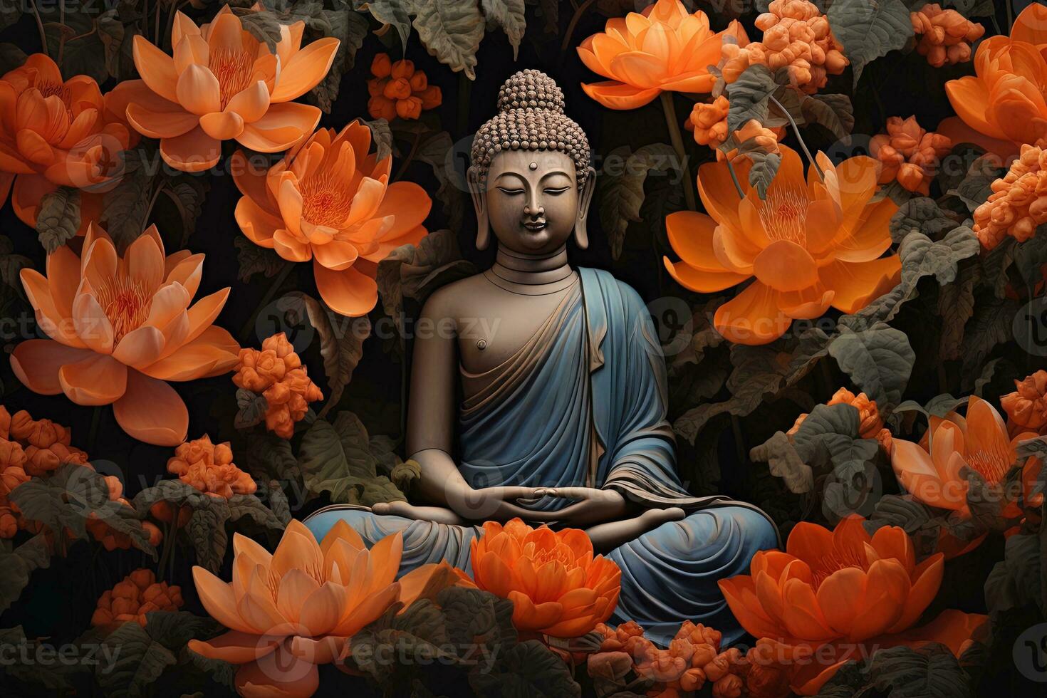 Buddha Statue umgeben durch Orange Blumen auf ein schwarz Hintergrund ai generiert foto