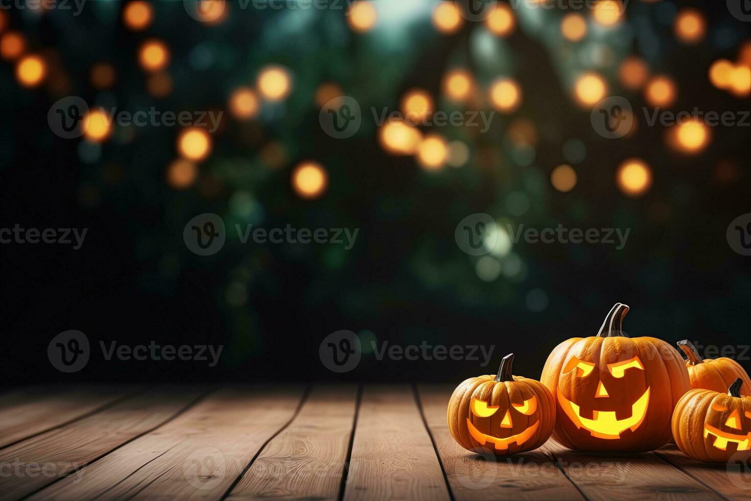 Halloween Kürbisse auf hölzern Tabelle mit Bokeh Beleuchtung Hintergrund ai generiert foto