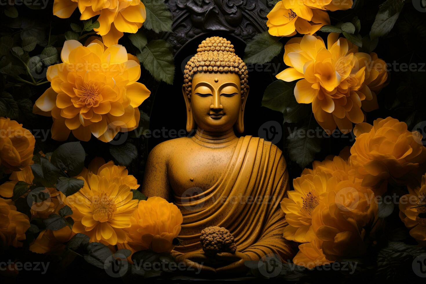 Buddha Statue umgeben durch Gelb Blumen ai generiert foto