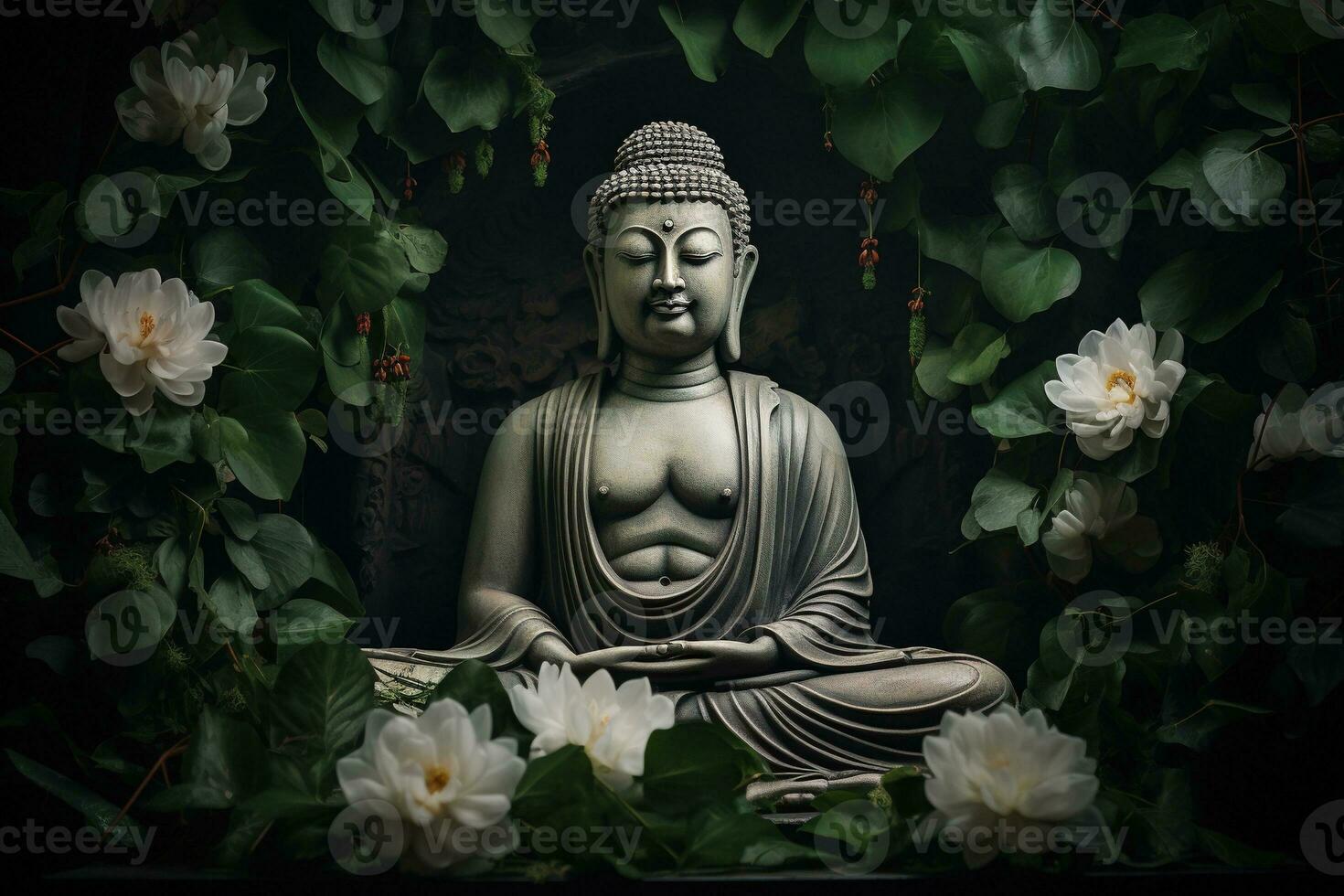 Buddha Statue mit Lotus Blume und Grün Blätter Hintergrund ai generiert foto